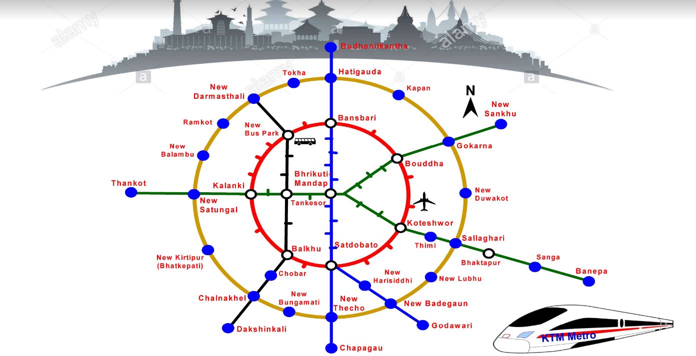 विनोदलाल अमात्यको तयार पारेको काठमाडौं मेट्रो रेलको खाका। स्केच: विनोदलाल अमात्य ।